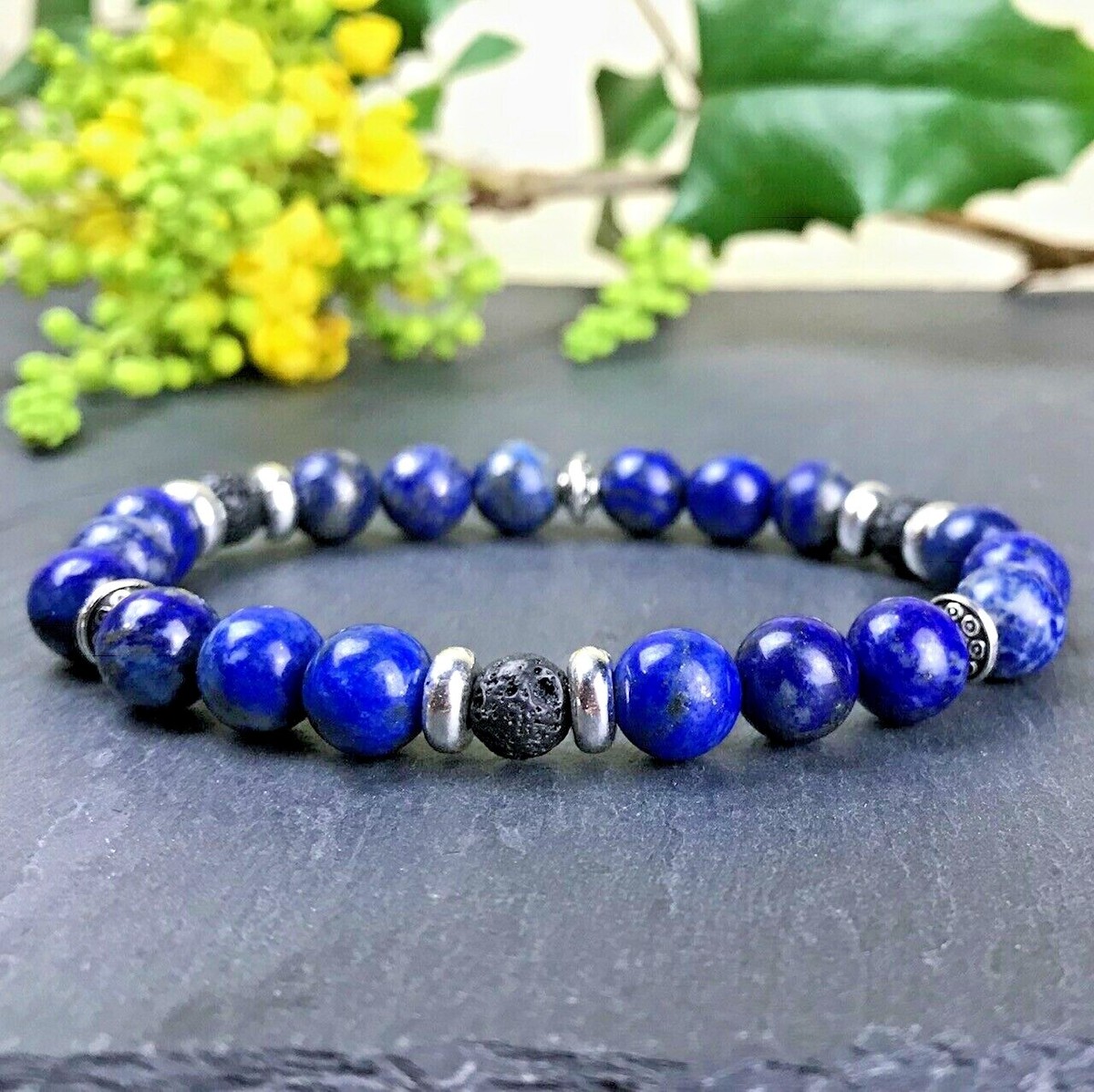 Bracelet Perles Lapis Lazuli Et Pierre De Lave - Lithothérapie Tibet Style Gourmette