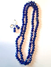 Faceted ROYAL BLUE CRYSTAL hand tied bead necklace set SP LEVERBACK