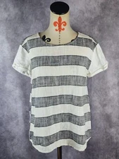 Doe & Rae Womens M 100% Linen Blouse Short Sleeve Top Gray White Striped EUC 