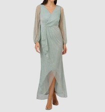 Adrianna Papell Women Blue Metallic VNeck Sheer Bishop Sleeve Dress Size 10