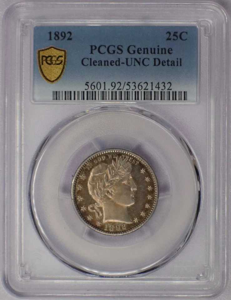 1892 25c Barber Quarter - PCGS UNC Details Cleaned - Image 3 of 4
