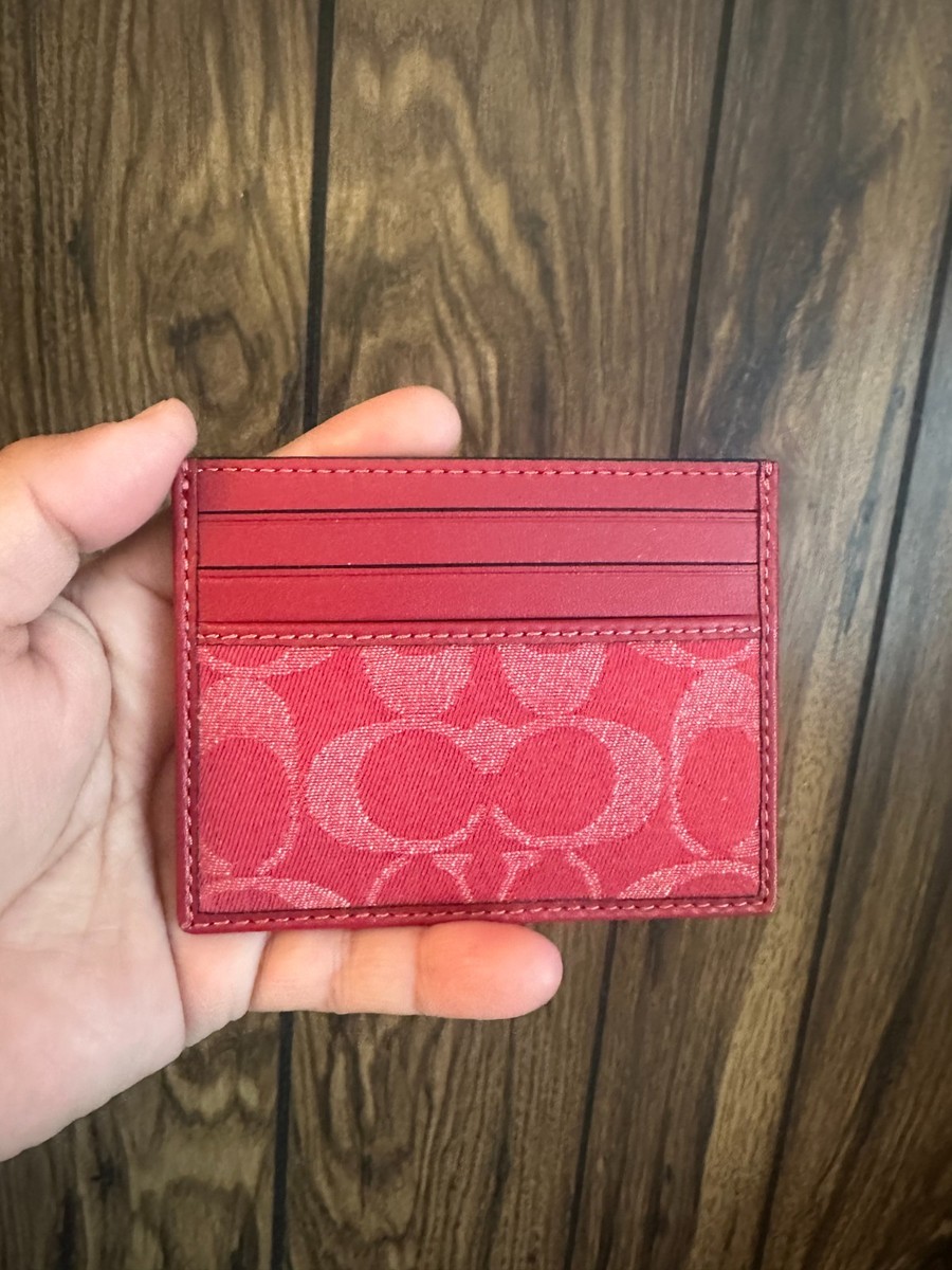Coach Slim ID Card Case CAJ47 Signature Denim Leather Ruby Red