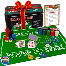 Gamie Texas Holdem Poker Game Set - Includes Hold’em Mat, 2 Card 