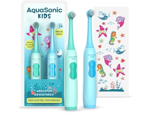 Aquasonic Kids Electric Toothbrush Set for Ages 3+ 2 Pack Aq