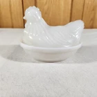 Vintage White Opaque Milk Glass White Chicken Hen on Nest trinket box