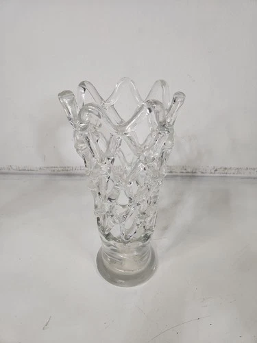 Vintage Murano Style Open Latticework Web Clear Glass Vase Hand Blown 11" H