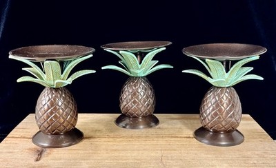 Vintage India Set Of 3 Pineapple Candle Holders, Solid Metal Brass Tone