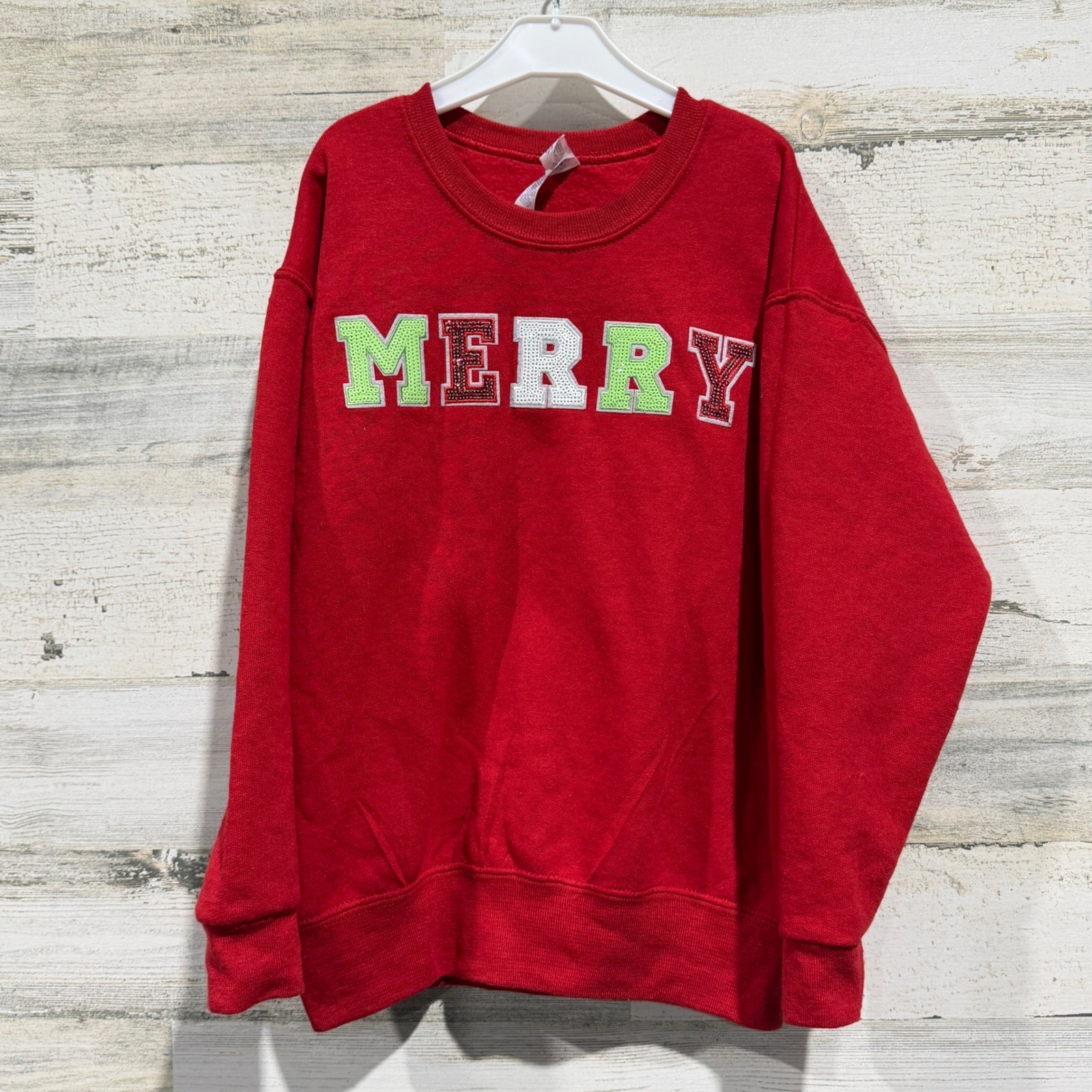 Jerzees NuBlend Merry Sequin Sweatshirt Youth Small Red Cotton Blend Holiday EUC