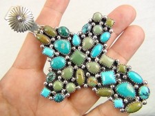 HEAVY 62g BIG 4-3/16" Native Signed K Sterling Turquoise Cross Pendant Navajo