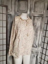 VTG 70s 80s Semi Sheer Lace ROMANTIC Floral  Lawn Blouse Top M-L Cottagecore LS 