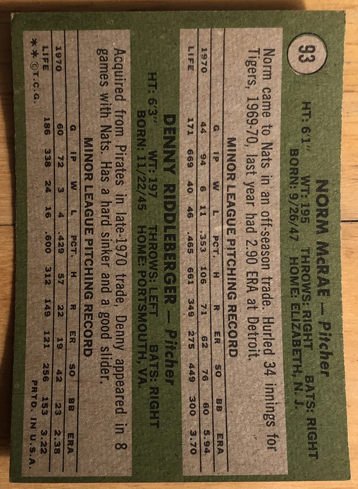 1971 Topps Senators Rookie Stars Norm McRae & Denny Riddleberger 93 Low-Grade - Image 2 of 2