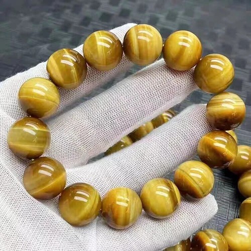 Echt Natürliches Gold Gelb Tigerauge Kristall Große Perlen Armband - Bild 1 von 4