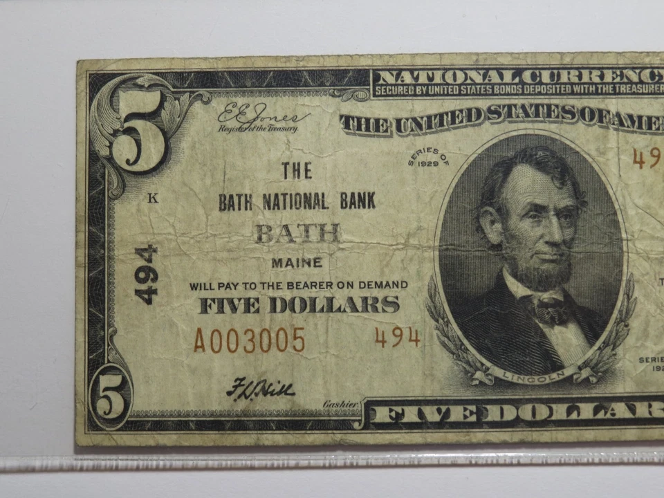 $5 1929 Bath Maine ME National Currency Bank Note Bill Charter #494 F15 PCGS - Image 4 of 4