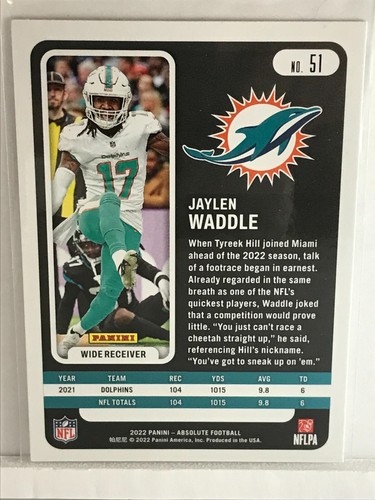 2022 Jaylen Waddle Panini Absolute GREEN Parallel #51 Miami Dolphins 2nd-year WR - Picture 2 of 2