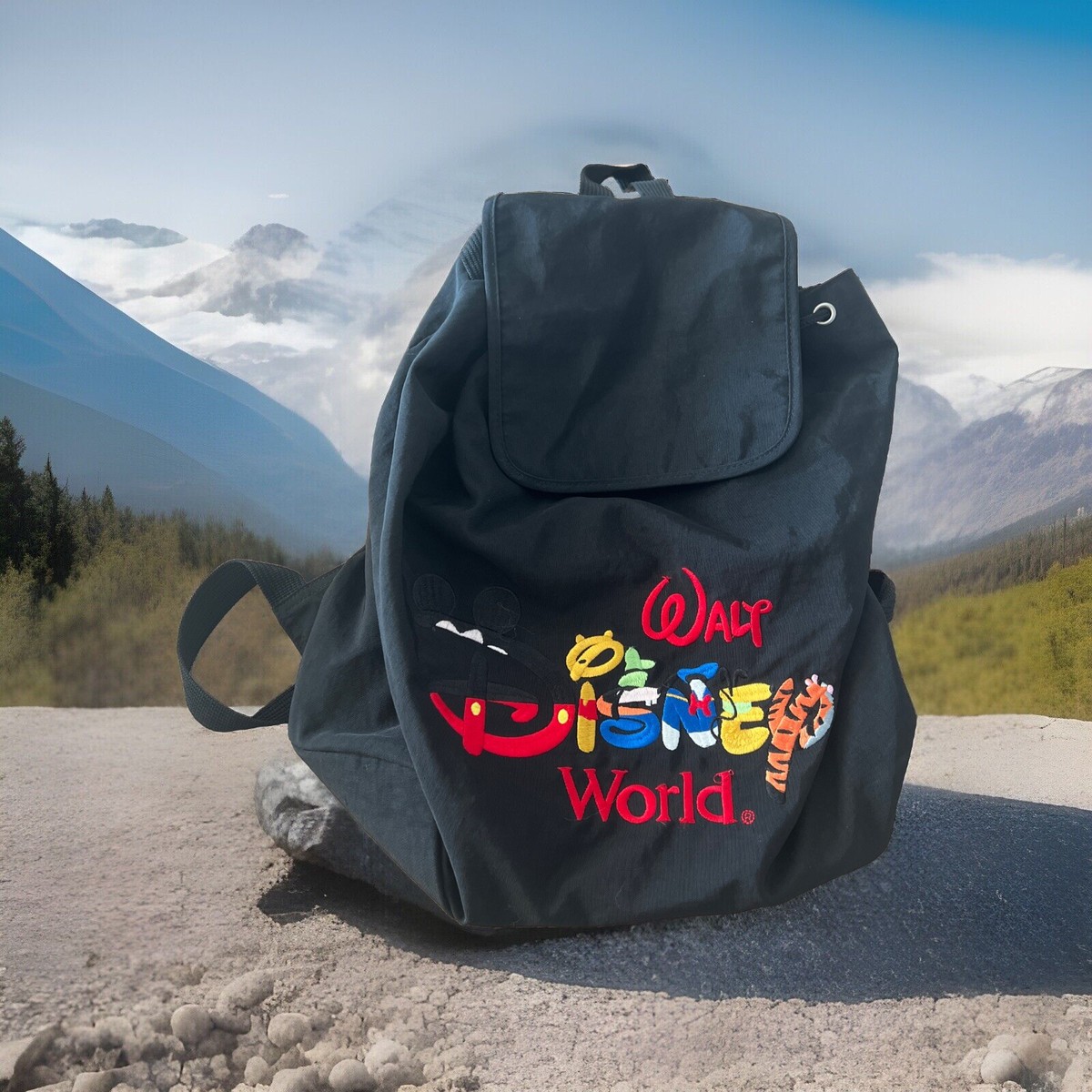 Rare WALT DISNEY WORLD Black Tote Bag Backpack Embroidered 