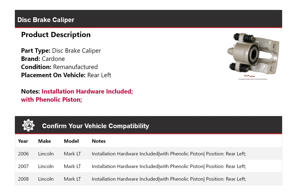 For 2006-2008 Lincoln Mark LT Disc Brake Caliper Rear Left Cardone 2007 - Image 2 of 4
