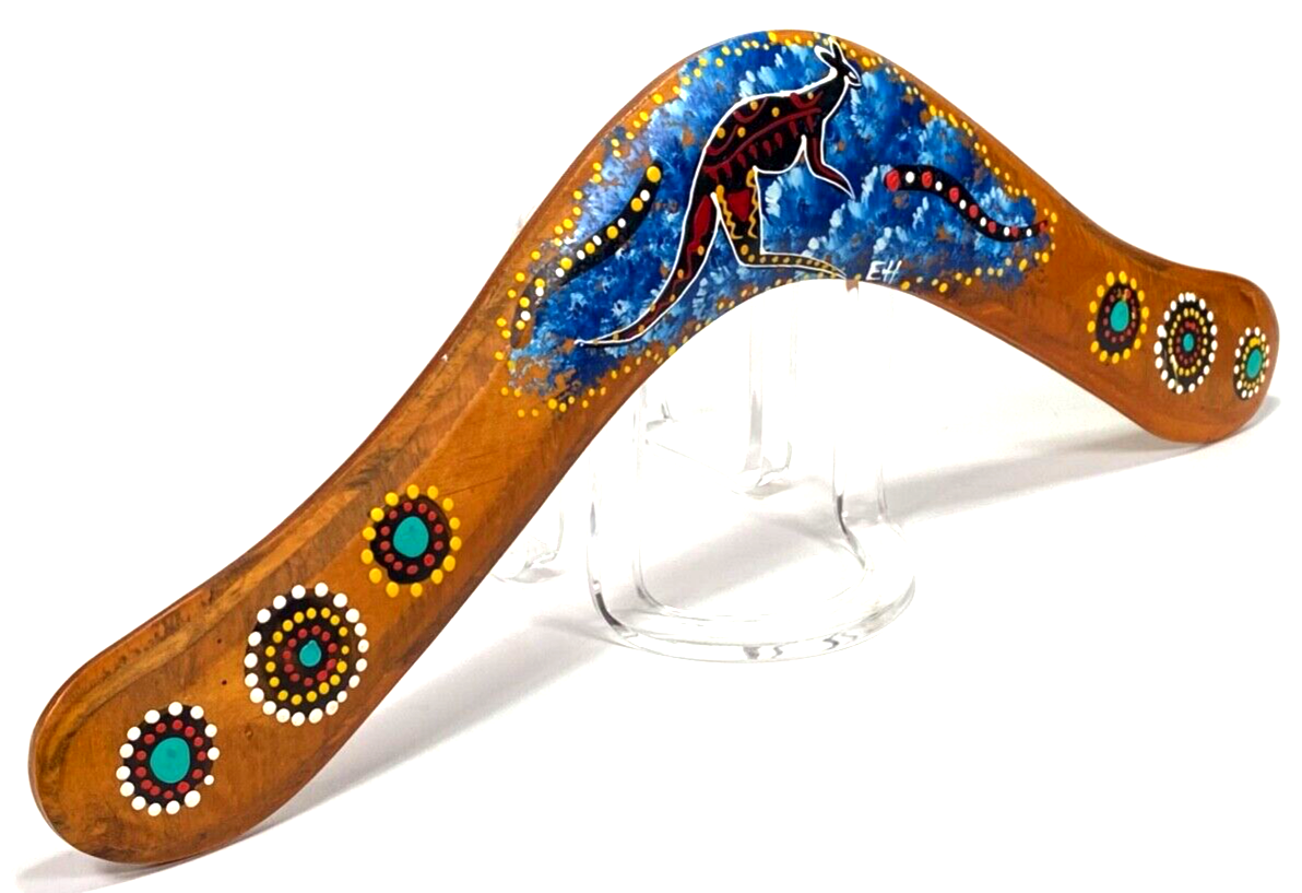 Authentic Hand Painted Australian Boomerang Kangaroo 16” Wood Art