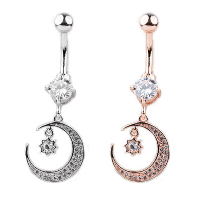 Großer Mond mit vielen Kristallen Bauchnabel Piercing Silber glitzer Belly Moon