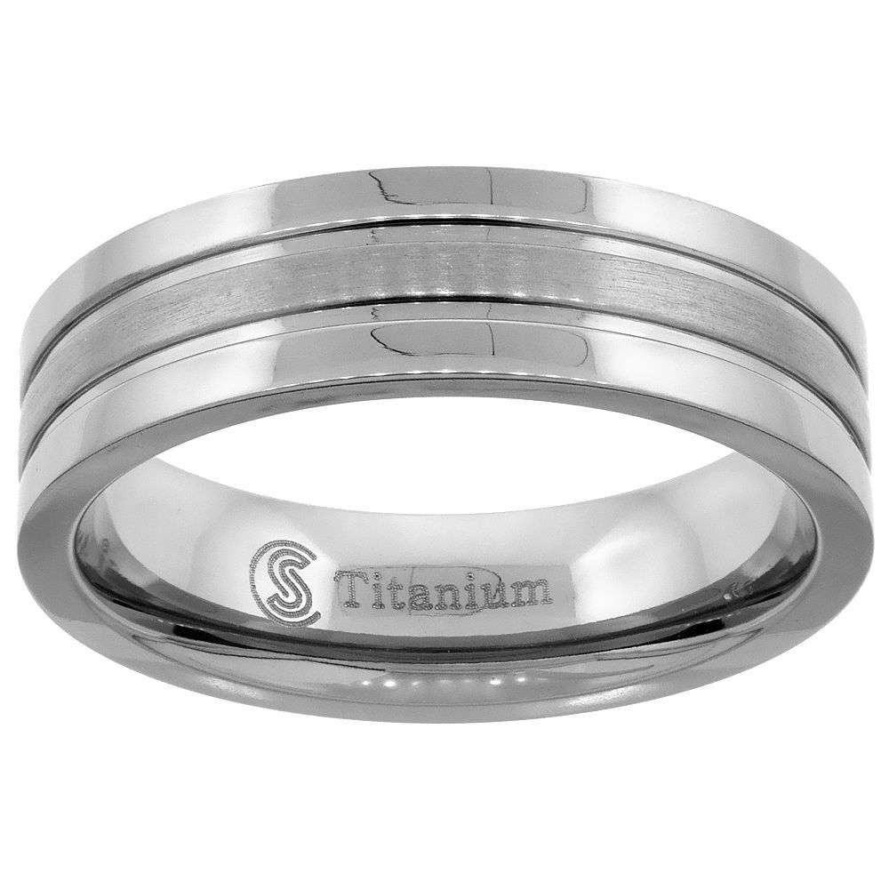 6mm Titanium Brushed Stripe Center Flat Comfort Fit Wedding Band Ring