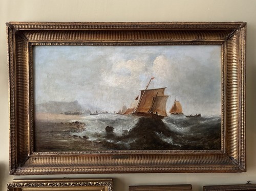 George Knight Framed 19th Century Oil on Canvas Maritime Coastal Ships Scene