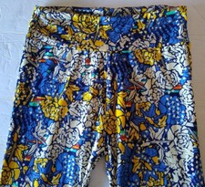 Lularoe Leggings Womens Stretch Pants One Size Blue White Yellow Roses Ref 37 