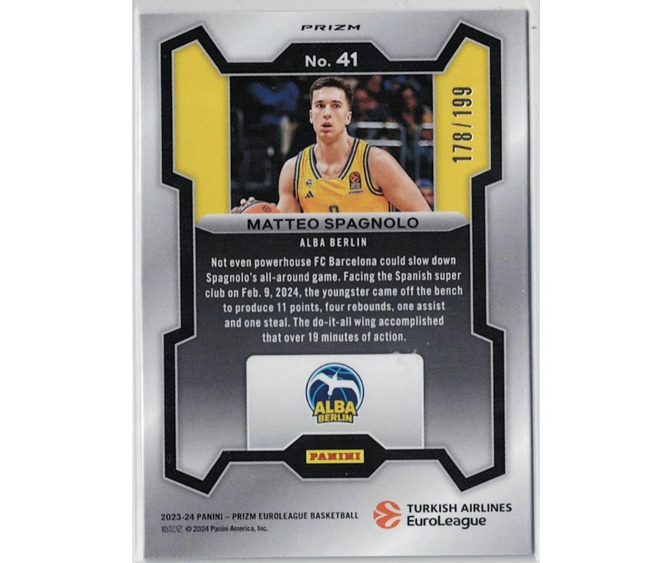 2023-24 Panini Prizm Euroleague Blue 178/199 #41 Matteo Spagnolo / Alba Berlin - Image 2 of 3