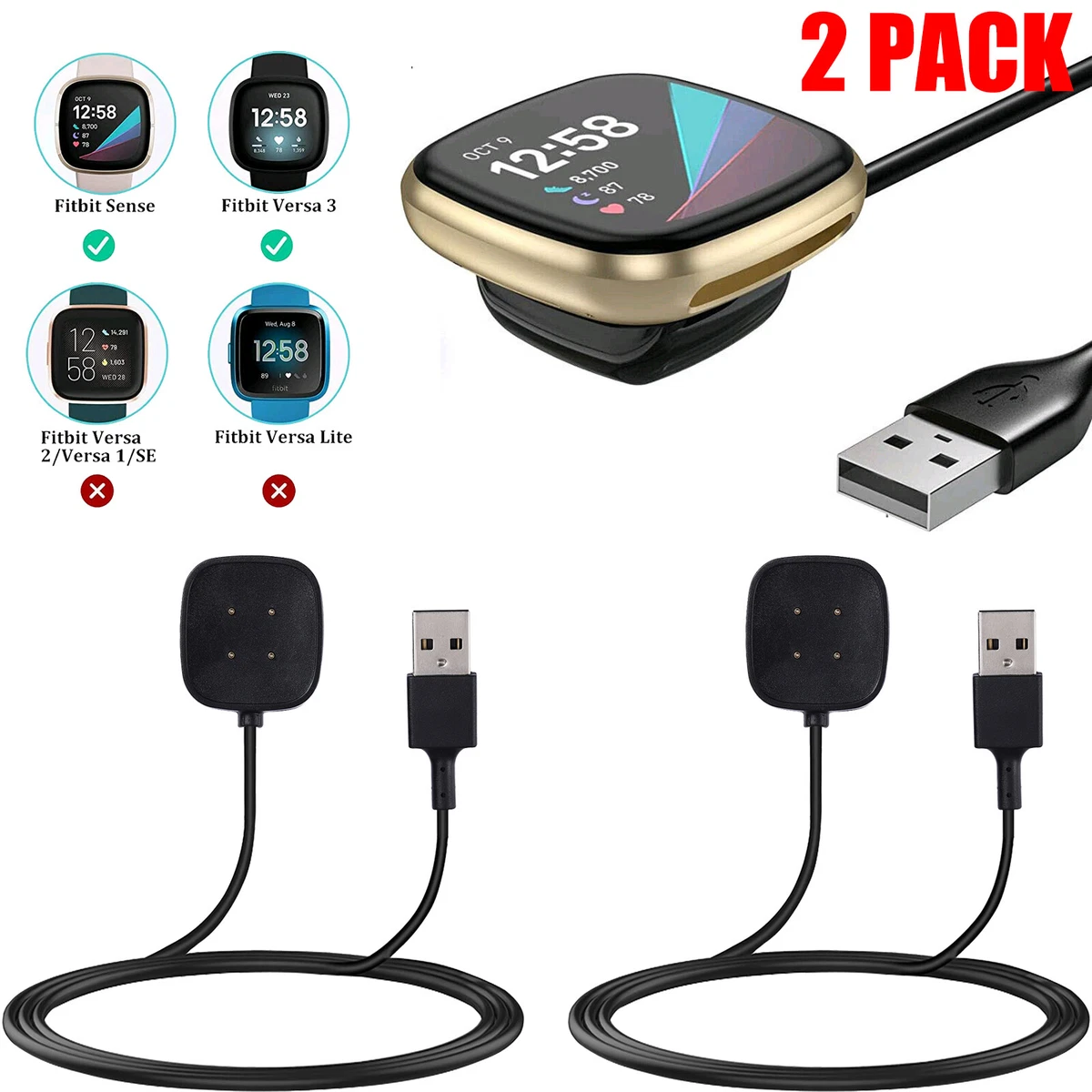 2 X Wireless Charger For Fitbit Sense Versa 3 Watch USB Fast Charging Dock Cable
