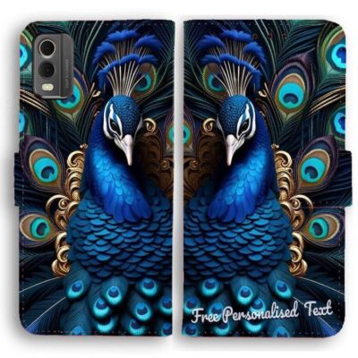 Personalised Text Wallet Phone Cover For Nokia Series - Peacock Print