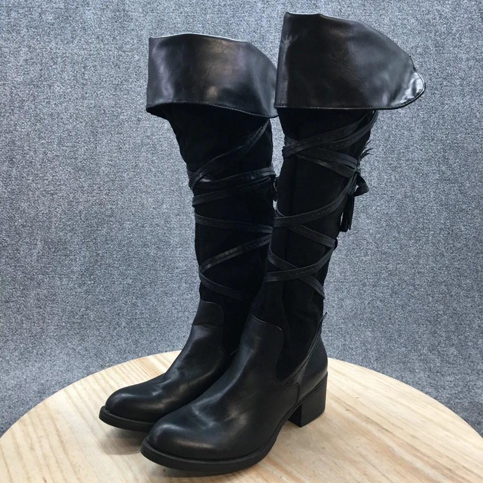 Botas Sugar para mujer 8,5 M Vale por encima de la rodilla con tiras negras imitación cuero tacones Foto 3 de 4