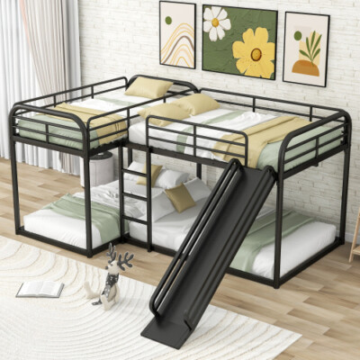 Quad Bunk Beds with Slide L-Shaped Solid Wood Bunk Bed Twin Full Size Bed  Frames