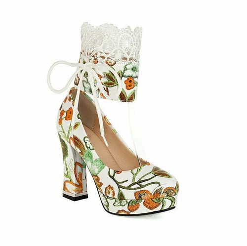 Scarpe da sposa donna stampa retrò punta rotonda pizzo tacco spesso tacco super alto - Foto 8 di 17