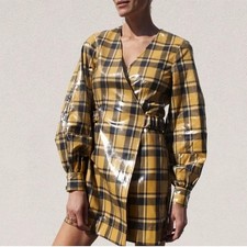 Ganni Plaid Wrap Vinyl Mini Dress Womens Sz 38 Sz 6 Medium Yellow Grey Designer 