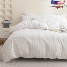 Boho Striped Duvet Cover Set Tufted Bedding W/ Pillow Covers Soft Polyester New
