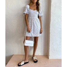 Faithfull The Brand Wendy Smocked Mini Puff Sleeve Floral Dress White Blue XS