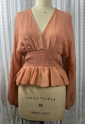 MINKPINK Peach Striped Smocked Ruffle Peplum V-Neck Balloon Sleeve Blouse M