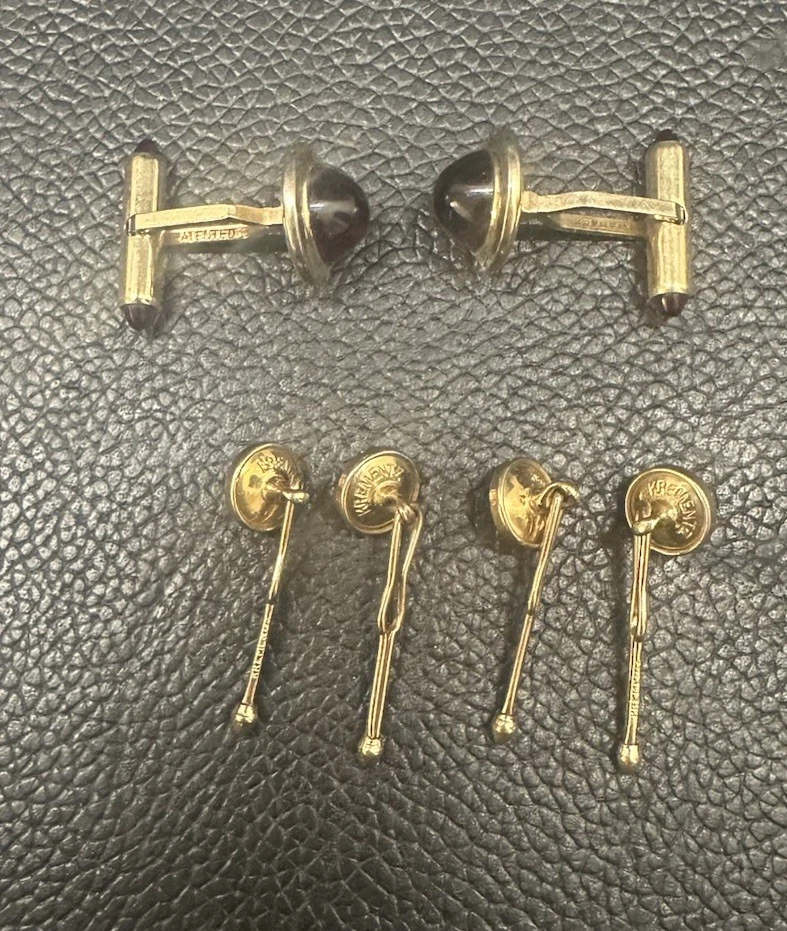 Krementz Art Deco Vintage Gold Plate Red Cufflinks Tuxedo Shirt Studs Full Set - Image 2 of 2