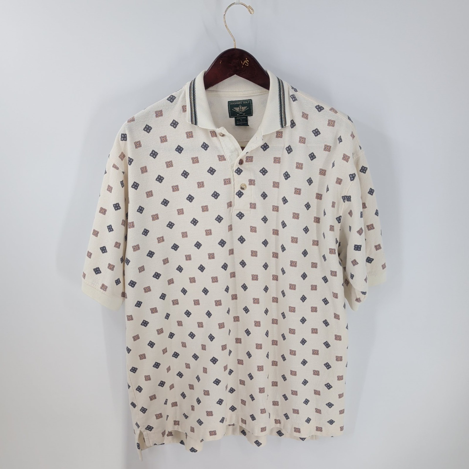 Vtg Dockers Golf Geometric Motif Short Sleeve Performance Polo Shirt Ivory Sz L