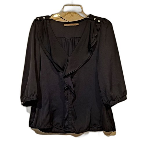 Zara Basic schwarzes Rüschen Top Bluse V-Ausschnitt 3/4 Arm Damen Gr. S Arbeit Büro