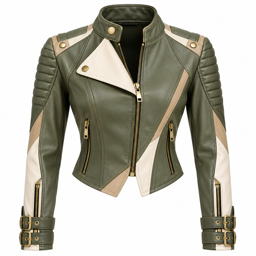 Women’s Olive Green Lambskin Leather Moto Biker Jacket Zip Quilted Slim Fit - Afbeelding 2 van 6