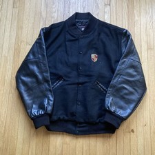 Vintage 90s Y2K Porsche Leather Wool Varsity Style Bomber Jacket Black Sz L Car