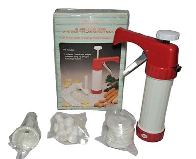 Vintage Deluxe Cookie Press Sunware W/ Icing Tips Sausage Nozzles & Box