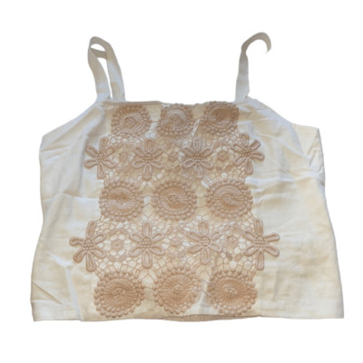 CeCe NWT Linen Blend Top Coastal Bohemian Cream Beige Whimsical Embroidered L