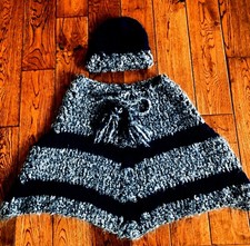 Girls Poncho Shawl Outerwear With Matching Hat. Size 4-8 HANDMADE