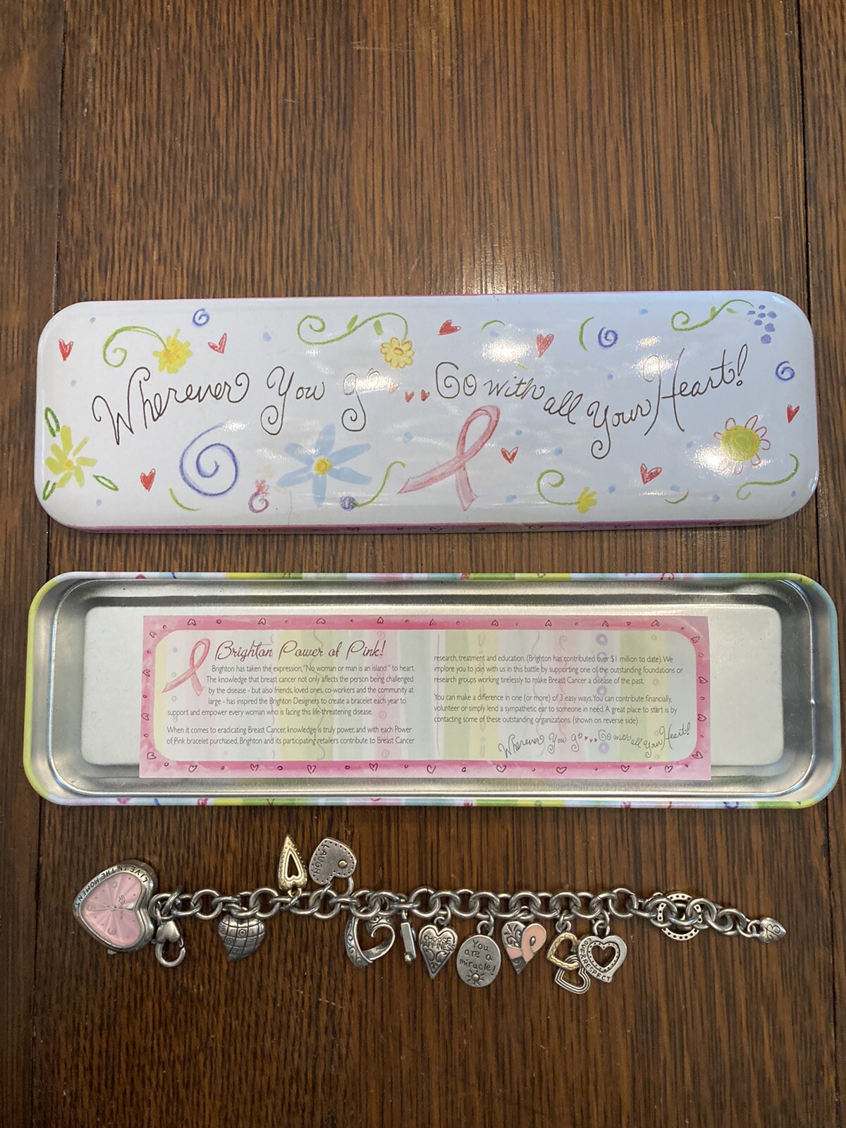 Brighton Power of Pink Women’s Cancer Support Watch Charm Bracelet -As Is W/ Tin