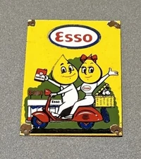 VINTAGE ESSO SCOOTER BOY GIRL PORCELAIN SIGN CAR GAS AUTO OIL