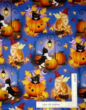 Halloween Cat Fairies 2 Pumpkin Autumn Leaves Digital Cotton Fabric David Yard