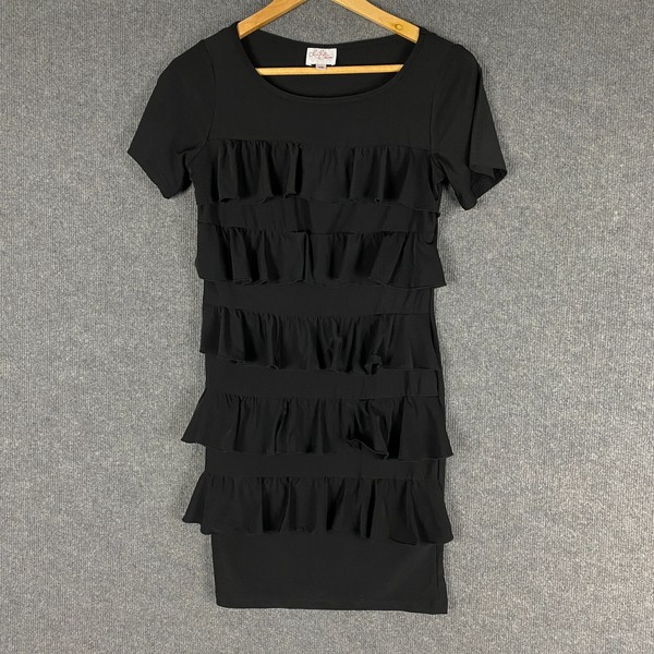Leona Edmiston Dress Womens XS Black Shift Mini Tiered Fringe Ruby Formal Party
