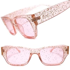 Designer Stylish Glitter Infused Pink Frame Rectangle Chic Womens Sunglasses