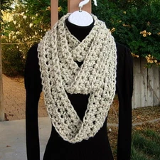 Extra Long Skinny INFINITY SCARF Oatmeal Beige Crochet Knit Narrow Winter Cowl