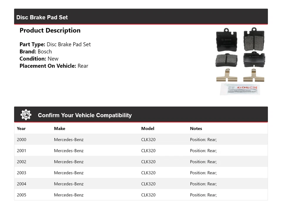 Pastillas de freno traseras de cerámica QuietCast 2001 2002 para Mercedes CLK320 2000-2005 Bosch Foto 2 de 4